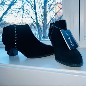 NWT Vionic Black Suede Booties With Fringe and Stud Detail